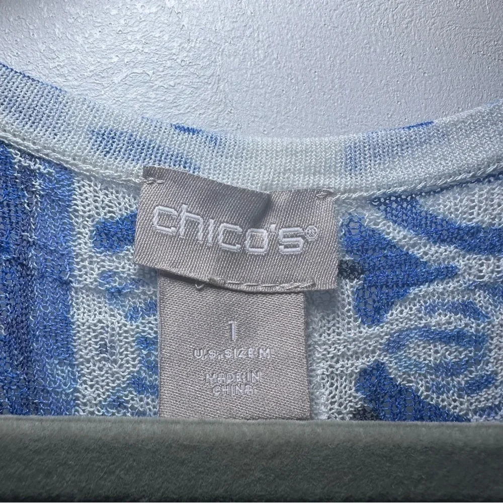 Chico’s Blue White Boho Lightweight Gauzy Longline Open Front Cardigan Kimono